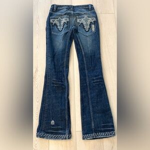 ANTIK Denim Y2K Flare Low Rise Bootcut Embroidered Distressed Blue Jeans 28